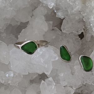 Sterling Silver green sea glass ring and earrings